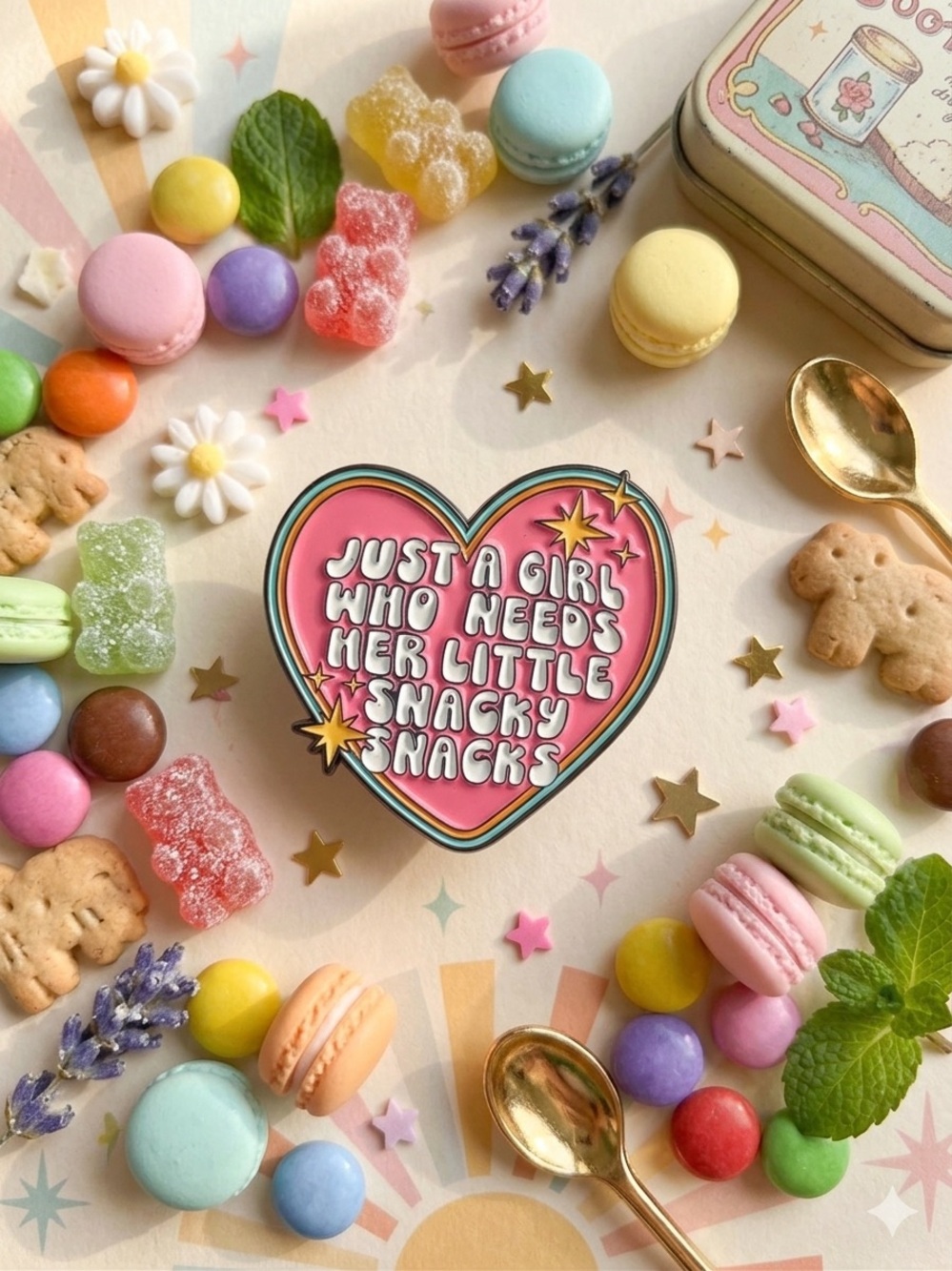 Heart Pin - "Just a Girl Who Needs Her Little Snacky Snacks" - Pink & Teal